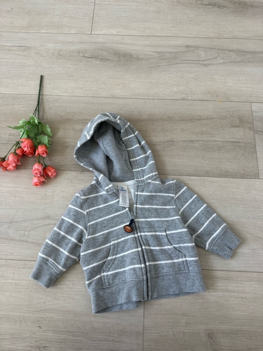 Gymboree Gray and White Striped Hooded Zip Sweatshirt 6-12 mos football zipper